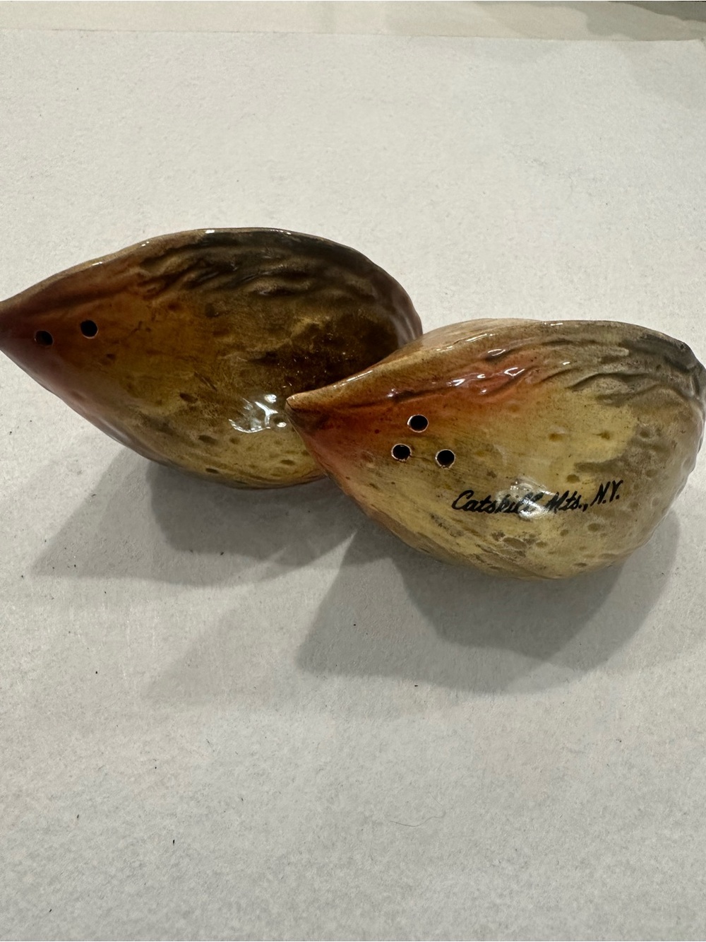 Handcrafted Ceramic almondsSalt and Pepper Shaker Set Catskills Mtn NY souvenir
